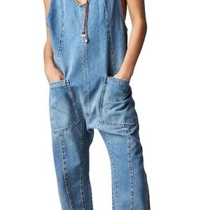 Women's Denim Overall Jumpsuits Sleeveless V Neck Adjustable Straps